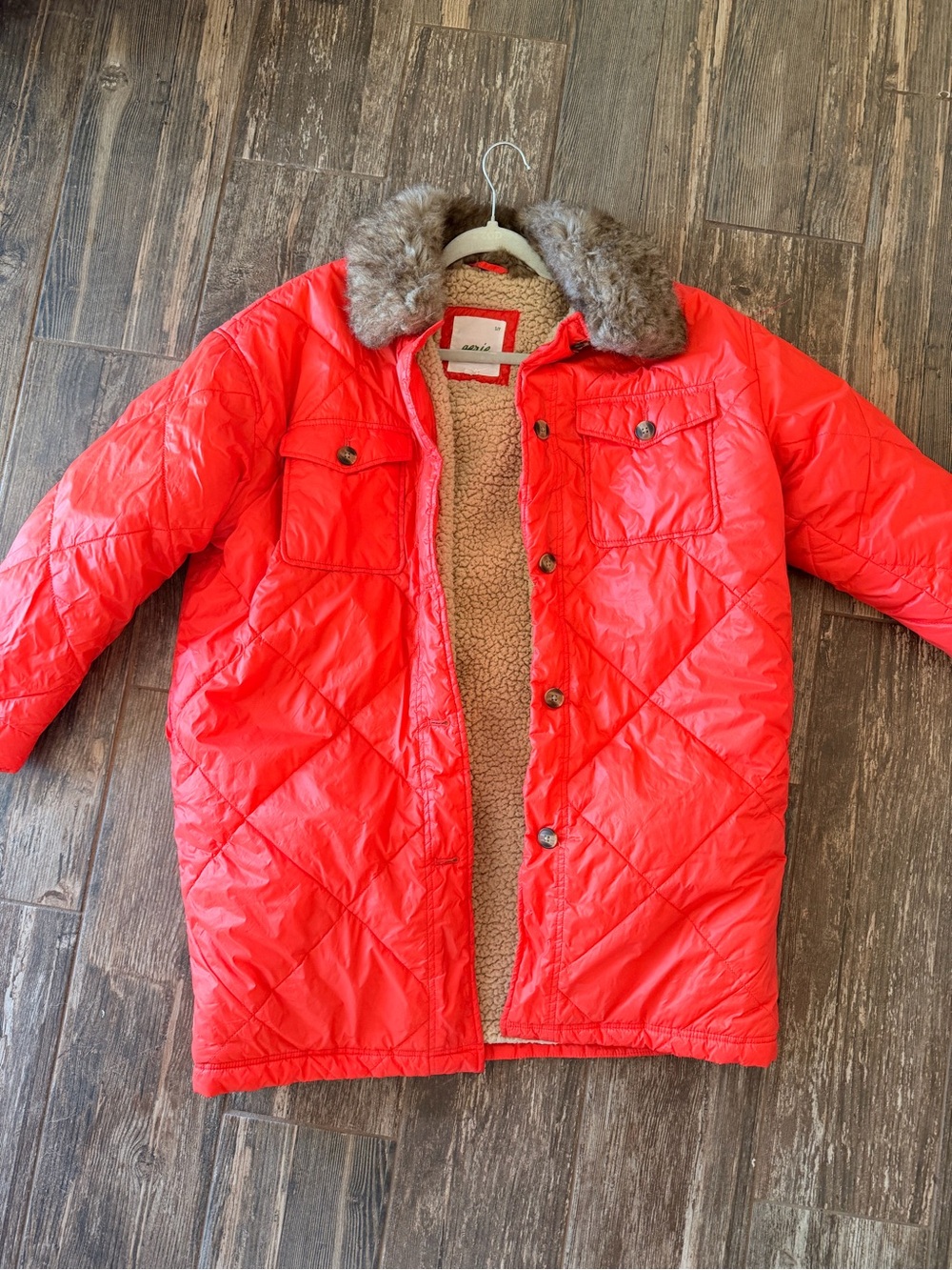 Aerie Quilted Puffer Coat Sz  SP OrangeFaux Fur Collar Sherpa Lined Knee Length